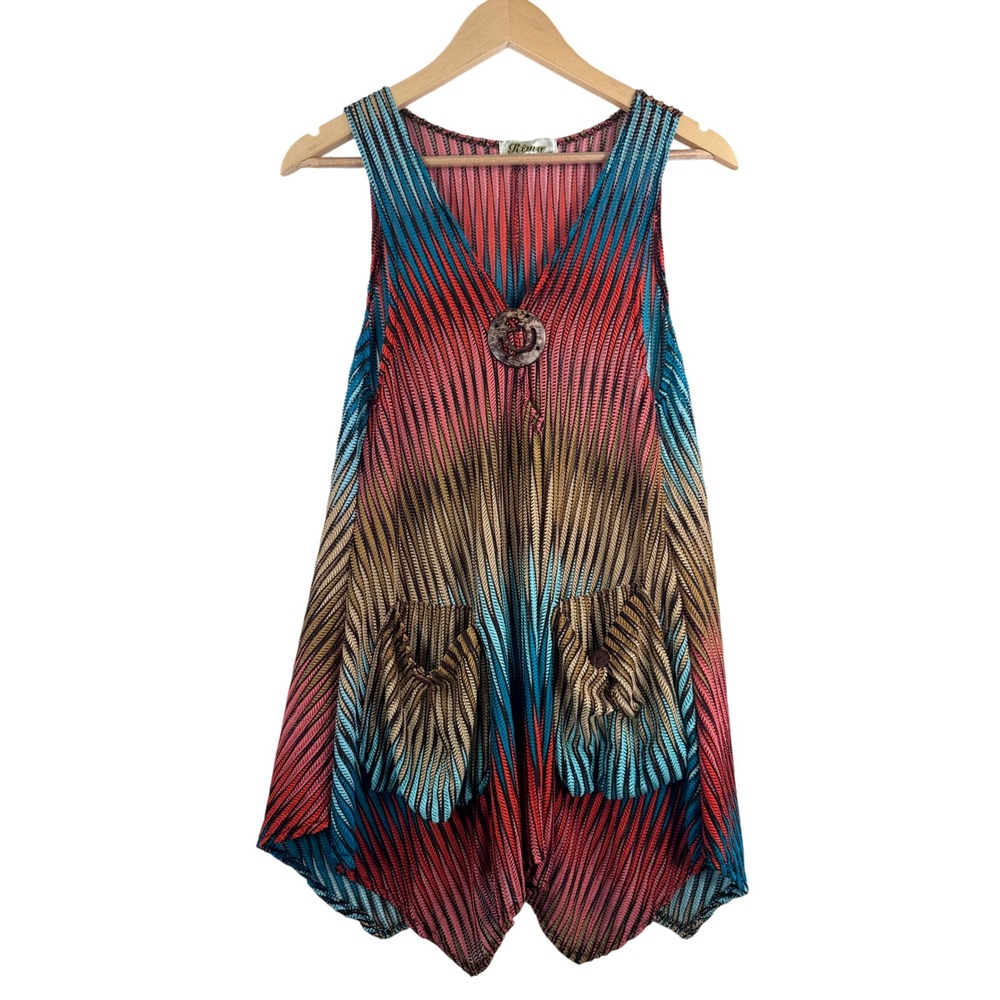Rima‎ Tunic Top sz L Multi Color Geometric Sharkbite Hem artsy rainbow